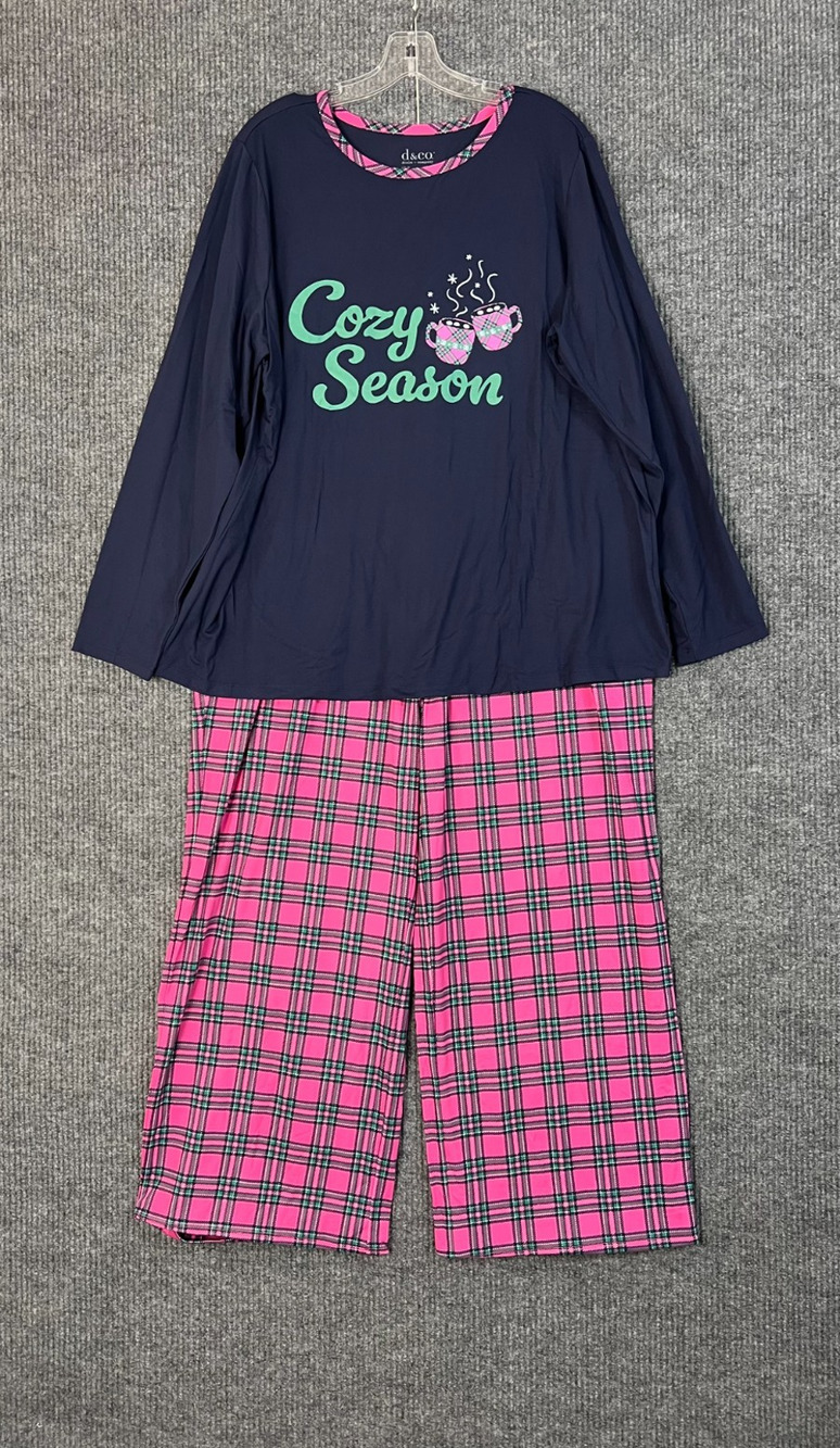 Denim & Co. Pajama Set Womens Plus 1X Blue Pink Cozy Season Hot Chocolate